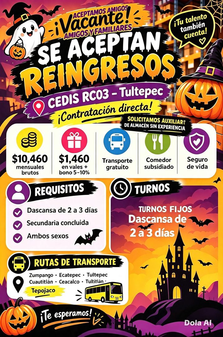Banner del anuncio de la vacante: ACEPTAMOS A MIGOS · i Vacante. · iVacante: · AMIGOS Y FAMILIARES · SE ACEPTAN · REINGRESOS · O CEDIS RCO3 - Tultepec · ¡Contratación directa
