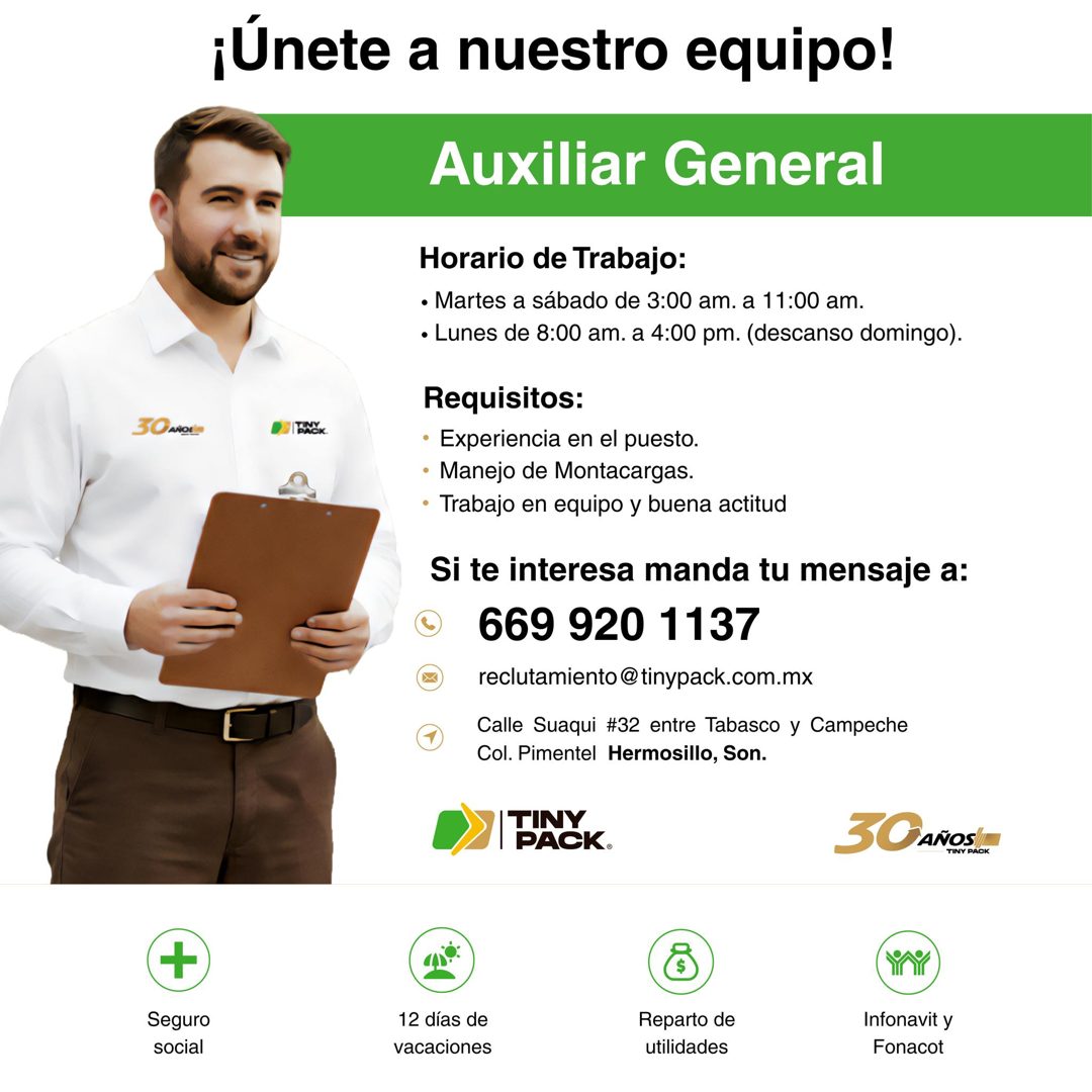 Banner del anuncio de la vacante: ¡Únete a nuestro equipo! · Auxiliar General · I BACK · Horario de Trabajo: · • Martes a sábado de 3:00 am. a 11:00 am. · • Lunes de 8:00 am.