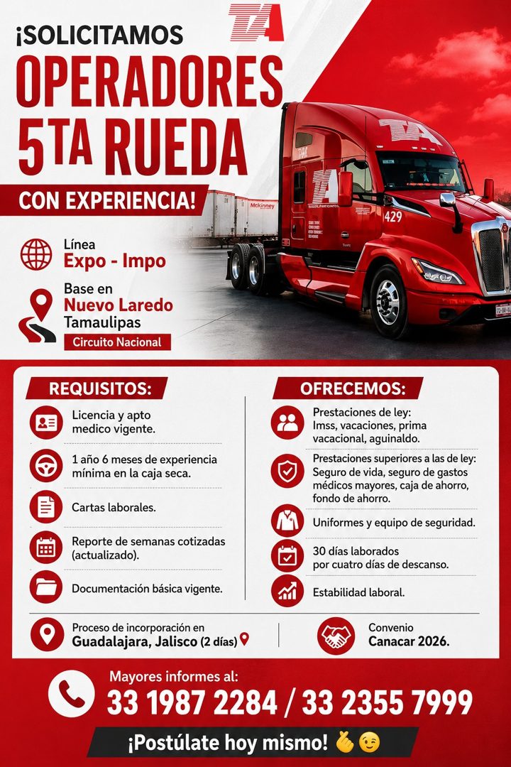 Banner del anuncio de la vacante: ¡SOLICITAMOS · OPERADORES · 5TA RUEDA · CON EXPERIENCIA! · Mckinney · 429 · Línea · Expo - Impo · Base en · Nuevo Laredo · Tamaulipas · Circ