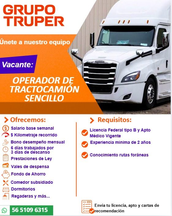Banner del anuncio de la vacante: GRUPO · TRUPER · Únete a nuestro equipo · Vacante: · OPERADOR DE · TRACTOCAMIÓN · SENCILLO · › Ofrecemos: · Salario base semanal · $ Kilomet