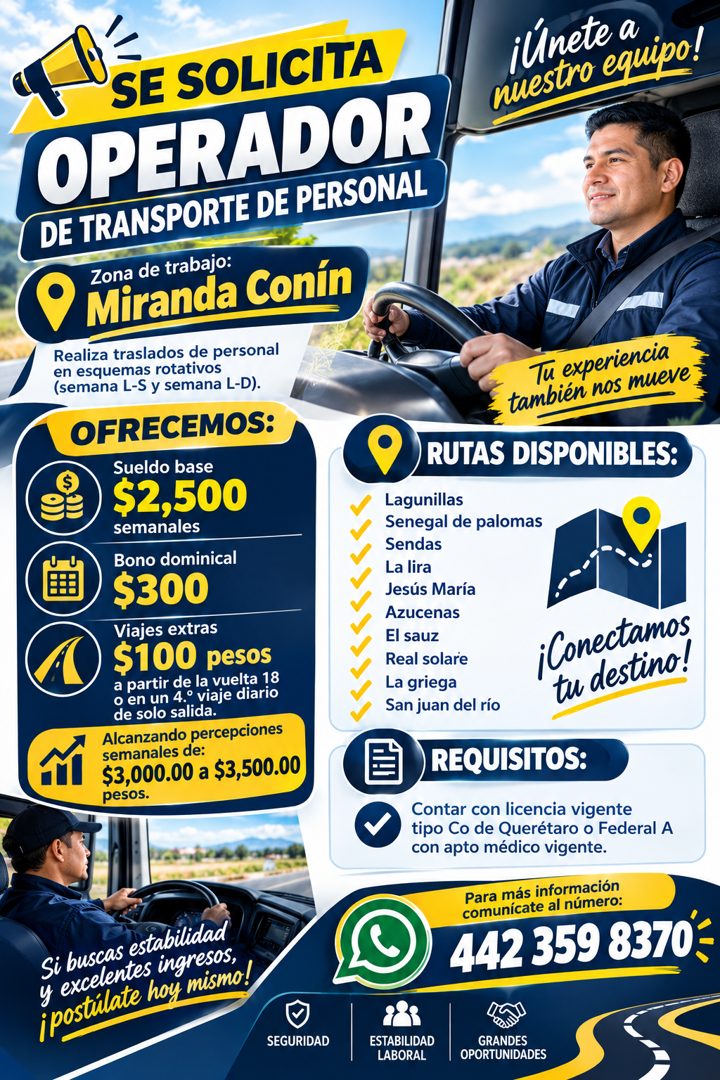Banner del anuncio de la vacante: SE SOLICITA · OPERADOR · DE TRANSPORTE DE PERSONAL · Zona de trabajo: · Miranda Conín · Realiza traslados de personal · en esquemas rotativo