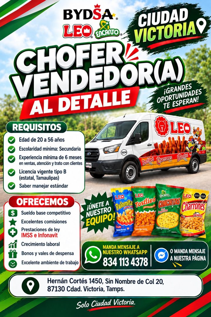 Banner del anuncio de la vacante: BYDSA. · LEO · ENCANTO · CIUDAD · VICTORIA® · CHOFER · VENDEDOR(A) · AL DETALLE · iGRANDES · OPORTUNIDADES · TE ESPERAN! · REQUISITOS · Edad