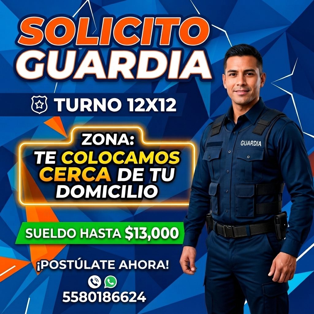 Banner del anuncio de la vacante: SOLICITO · GUARDIA · TURNO 12X12 · ZONA: · TE COLOCAMOS · CERCA DE TU · DOMICILIO · SUELDO HASTA $13,000 · ¡POSTÚLATE AHORA! · 5580186624 · 