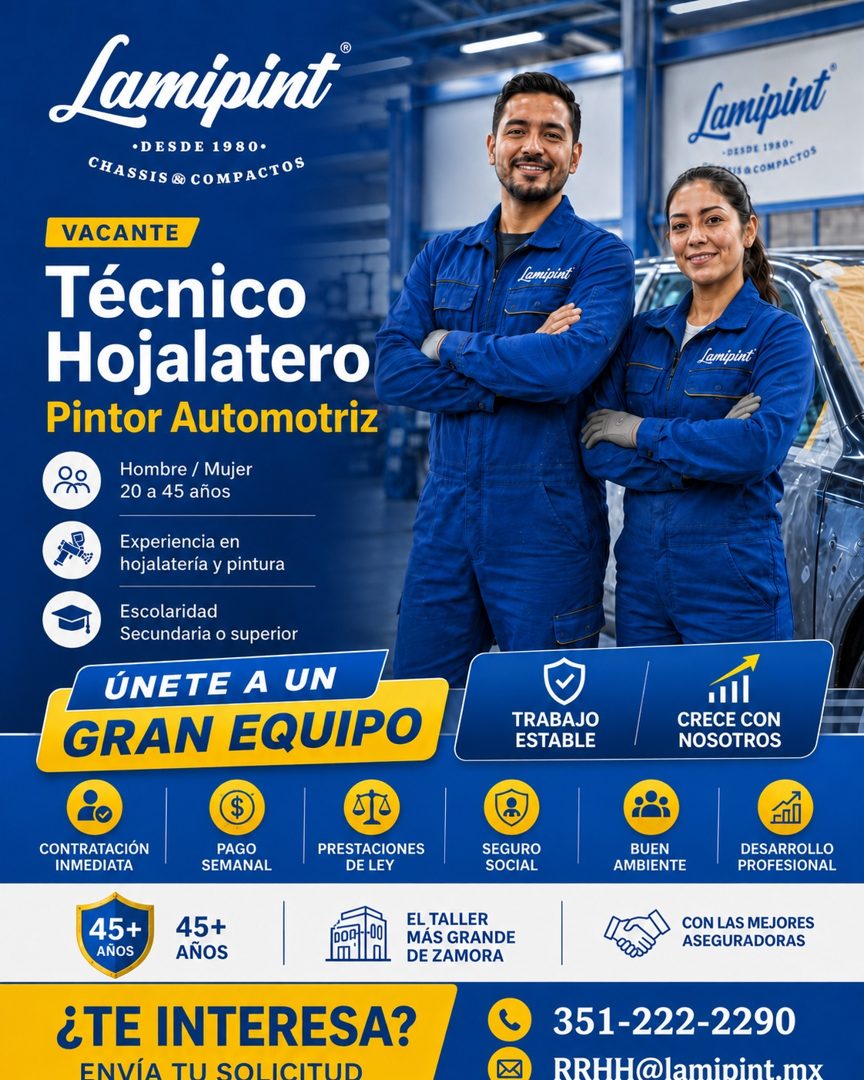 Banner del anuncio de la vacante: Lamipint · •DESDE 1980• · CHASSIS & COMPACTOS · VACANTE · Técnico · Hojalatero · Pintor Automotriz · Hombre / Mujer · 20 a 45 años · Experie