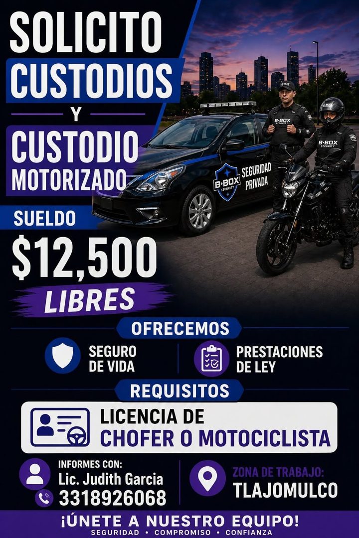 Banner del anuncio de la vacante: SOLICITO · CUSTODIOS · 5.50X · CUSTODIO · MOTORIZADO · B-BOX · SEGURIDAD · B•BOX · SECURITY · PRIVADA · SUELDO · $12,500 · LIBRES · OFRECEMO