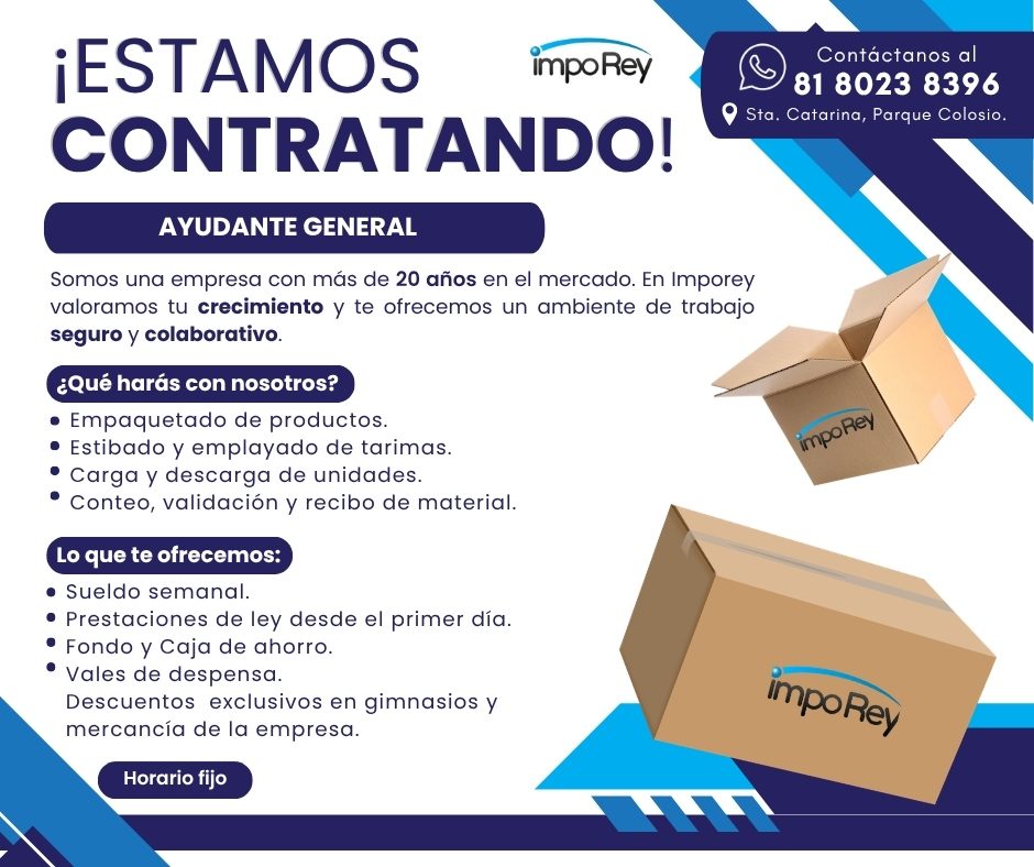 Banner del anuncio de la vacante: ¡ESTAMOS · impoRey · CONTRATANDO! · AYUDANTE GENERAL · Somos una empresa con más de 20 años en el mercado. En Imporey · valoramos tu crecimi