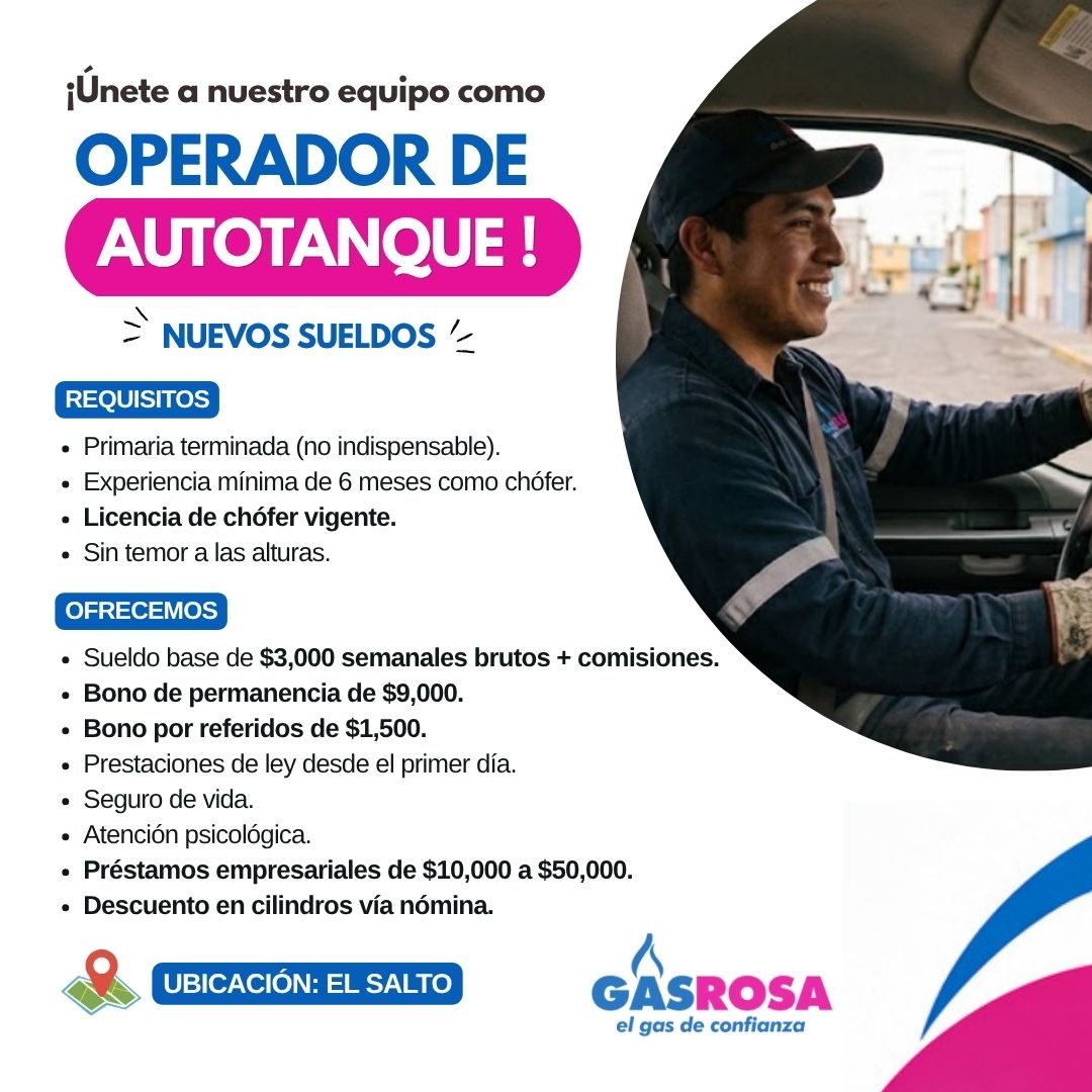 Banner del anuncio de la vacante: ¡Únete a nuestro equipo como · OPERADOR DE · AUTOTANQUE ! · =' NUEVOS SUELDOS ' · REQUISITOS · • Primaria terminada (no indispensable). · • 
