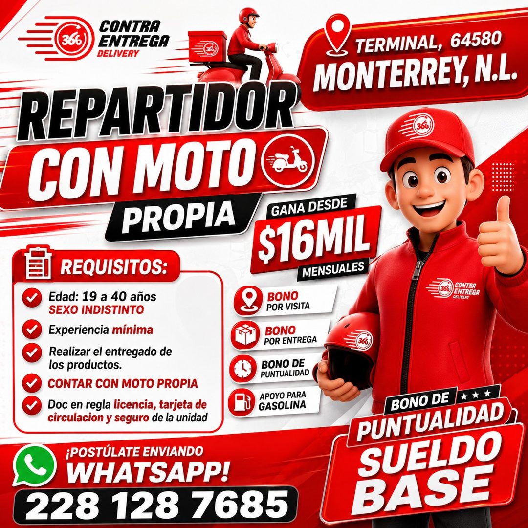 Banner del anuncio de la vacante: CONTRA · ENTREGA · DEL/VERY · REPARTIDOR · CON MOTO · PROPIA · REQUISITOS: · Edad: 19 a 40 años · SEXO INDISTINTO · Experiencia mínima · Rea