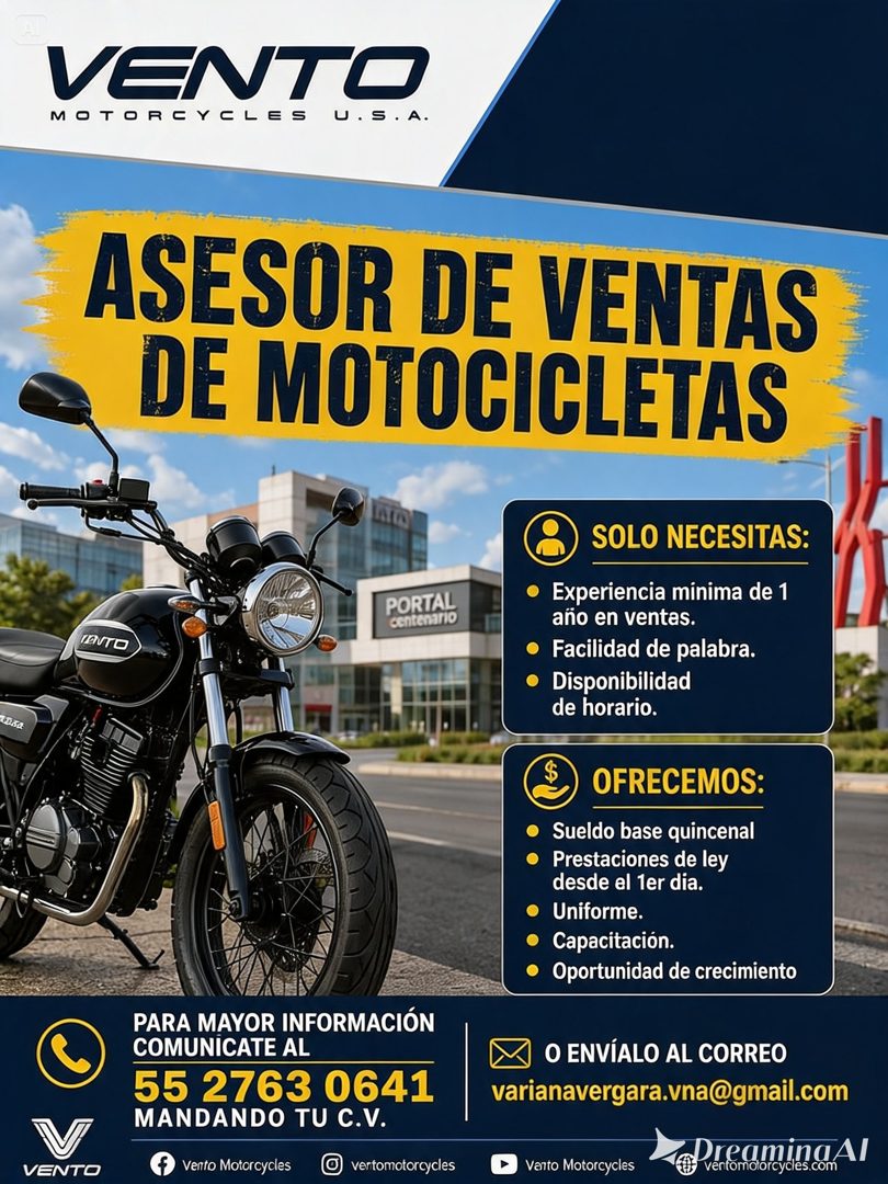 Banner del anuncio de la vacante: VENTO · MOTORCYCLES · U.S. A. · ASESOR DE VENTAS · DE MOTOCICLETAS · PORTAL · centenario · TENTO · бока · SOLO NECESITAS: · • Experiencia mi