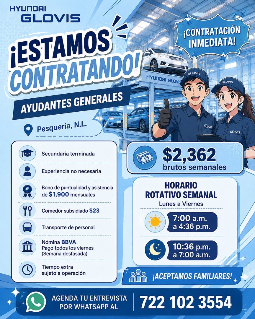 Banner del anuncio de la vacante: HYUNDAI · GLOVIS · ¡ESTAMOS · CONTRATANDO! · HYUNDAI GLOVI% · AYUDANTES GENERALES · Pesquería, N.L. · ¡CONTRATACIÓN · INMEDIATA! · GLOVIS · 