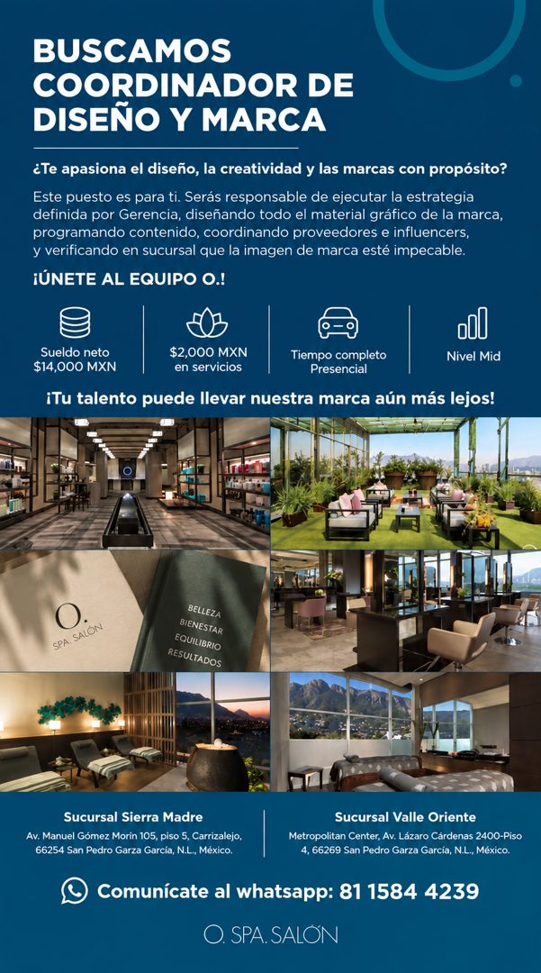 Banner del anuncio de la vacante: BUSCAMOS · COORDINADOR DE · DISEÑO Y MARCA · ¿Te apasiona el diseño, la creatividad y las marcas con propósito? · Este puesto es para ti. Se