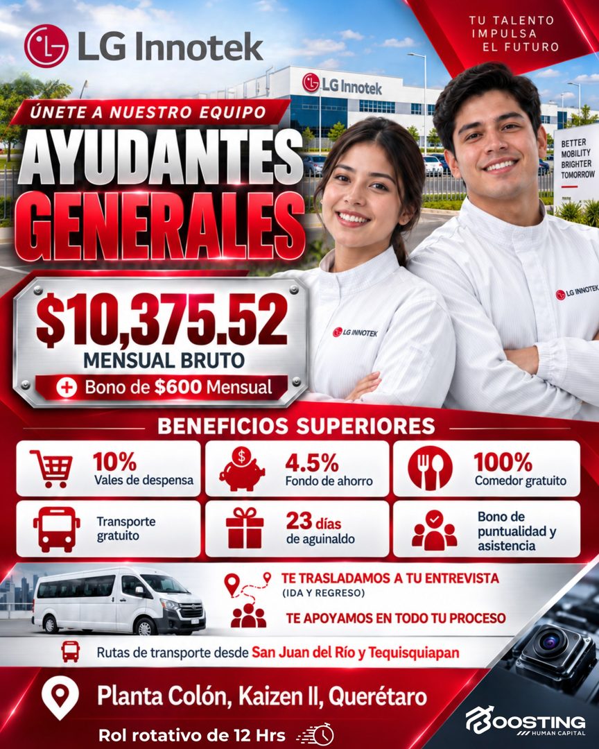 Banner del anuncio de la vacante: LG Innotek · TU TALENTO · IMPULSA · EL FUTURO · G LG Innotek · ÚNETE A NUESTRO EQUIPO · AYUDANTES · GENERALES · BETTER · MOBILITY · BRIGHTER