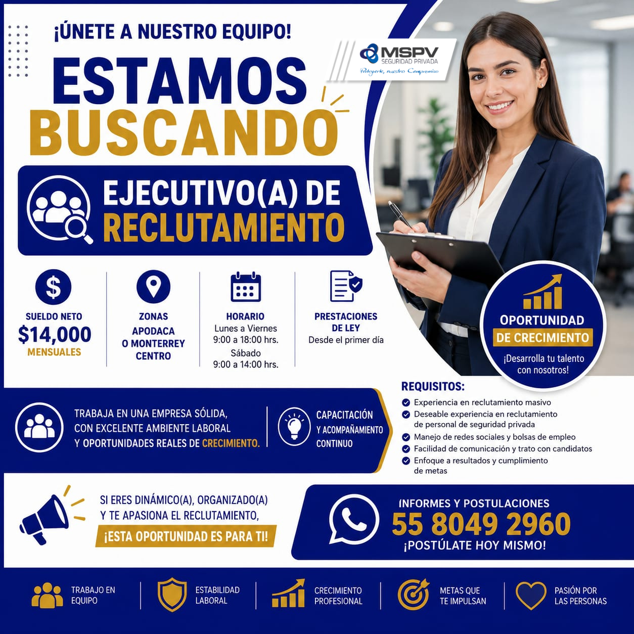 Banner del anuncio de la vacante: ¡ÚNETE A NUESTRO EQUIPO! · ESTAMOS · BUSCANDO · EJECUTIVO(A) DE · RECLUTAMIENTO · MSPV · SEGURIDAD PRIVADA · Fieleyerte, nuestro Compromiso 
