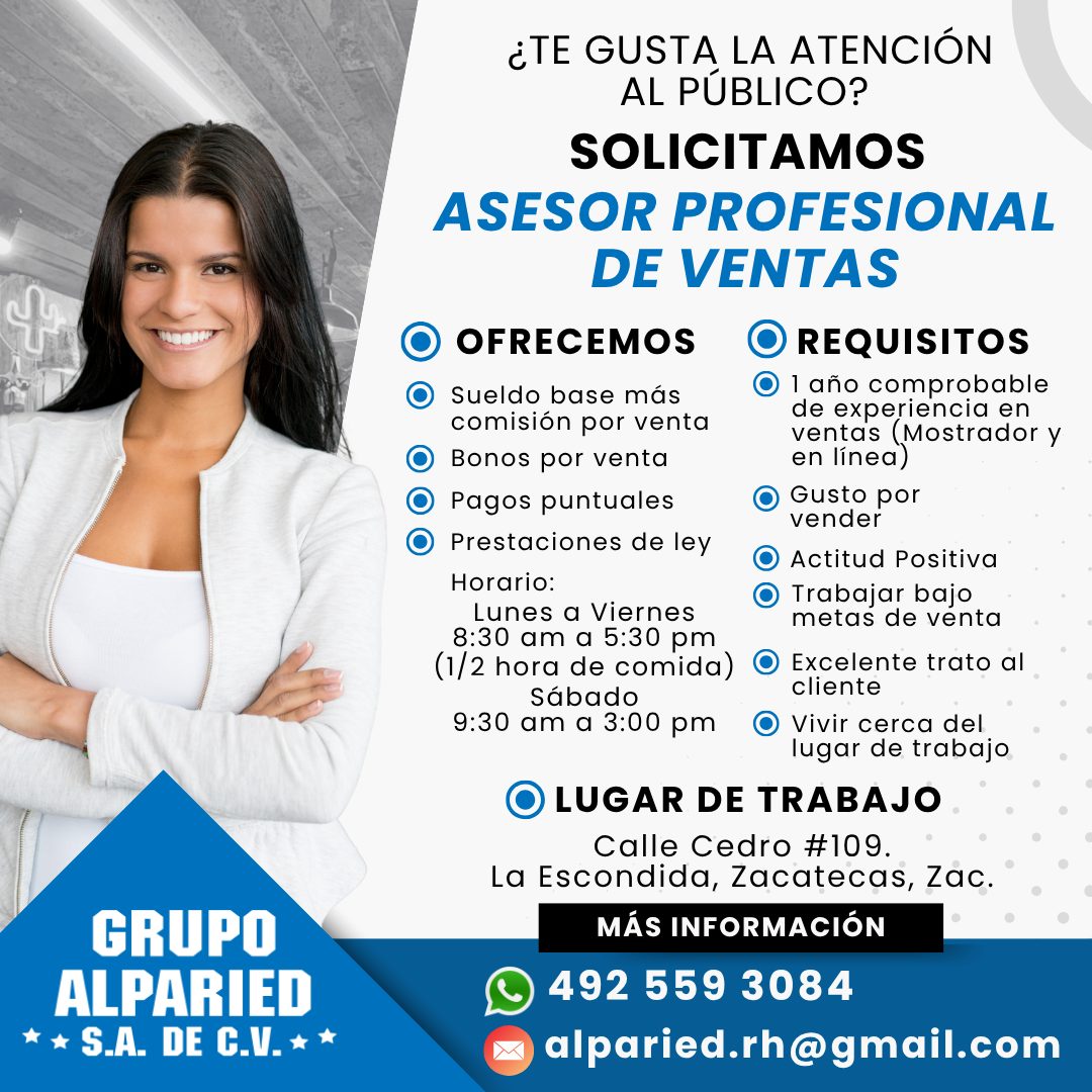 Banner del anuncio de la vacante: GRUPO · ALPARIED · * * S.A. DE C.V.** · ¿TE GUSTA LA ATENCIÓN · AL PÚBLICO? · SOLICITAMOS · ASESOR PROFESIONAL · DE VENTAS · • OFRECEMOS · •