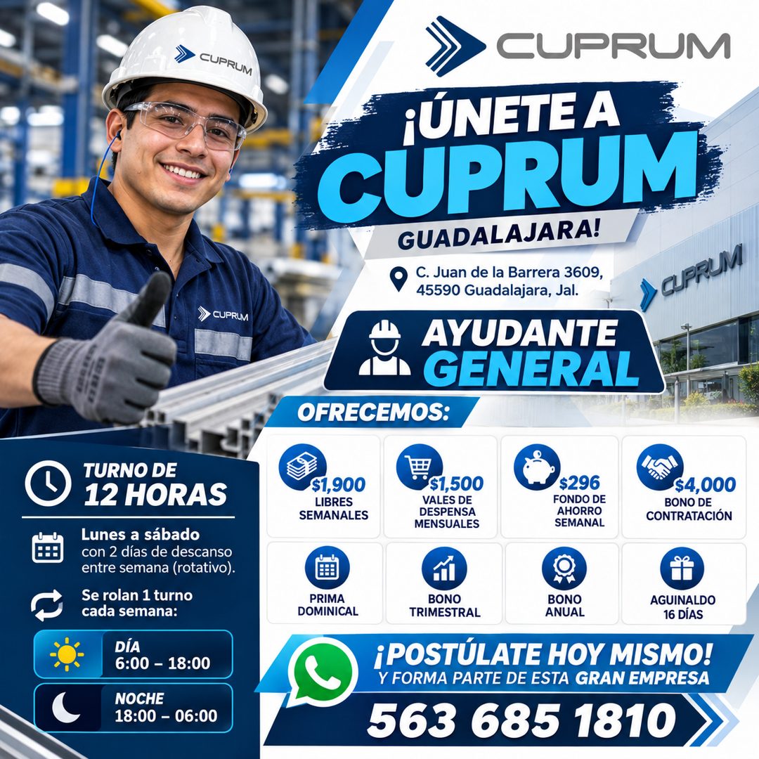 Banner del anuncio de la vacante: CUPRUM · CUPRUM · TURNO DE · 12 HORAS · Lunes a sábado · con 2 días de descanso · entre semana (rotativo). · Se rolan 1 turno · cada semana: