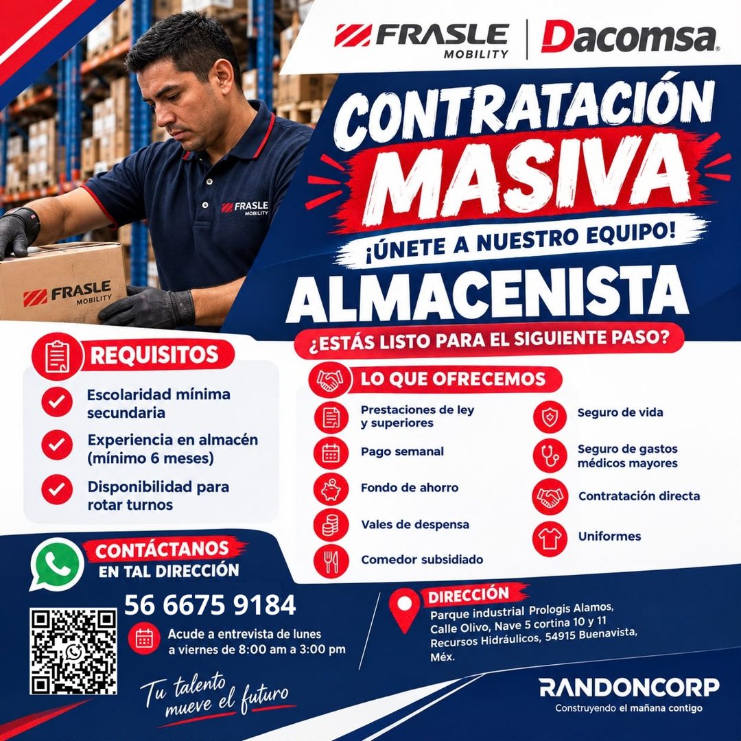 Banner del anuncio de la vacante: FRASLE · MOBILITY · FRASLE · MOBILITY · REQUISITOS · Escolaridad mínima · secundaria · Experiencia en almacén · (mínimo 6 meses) · Disponibi
