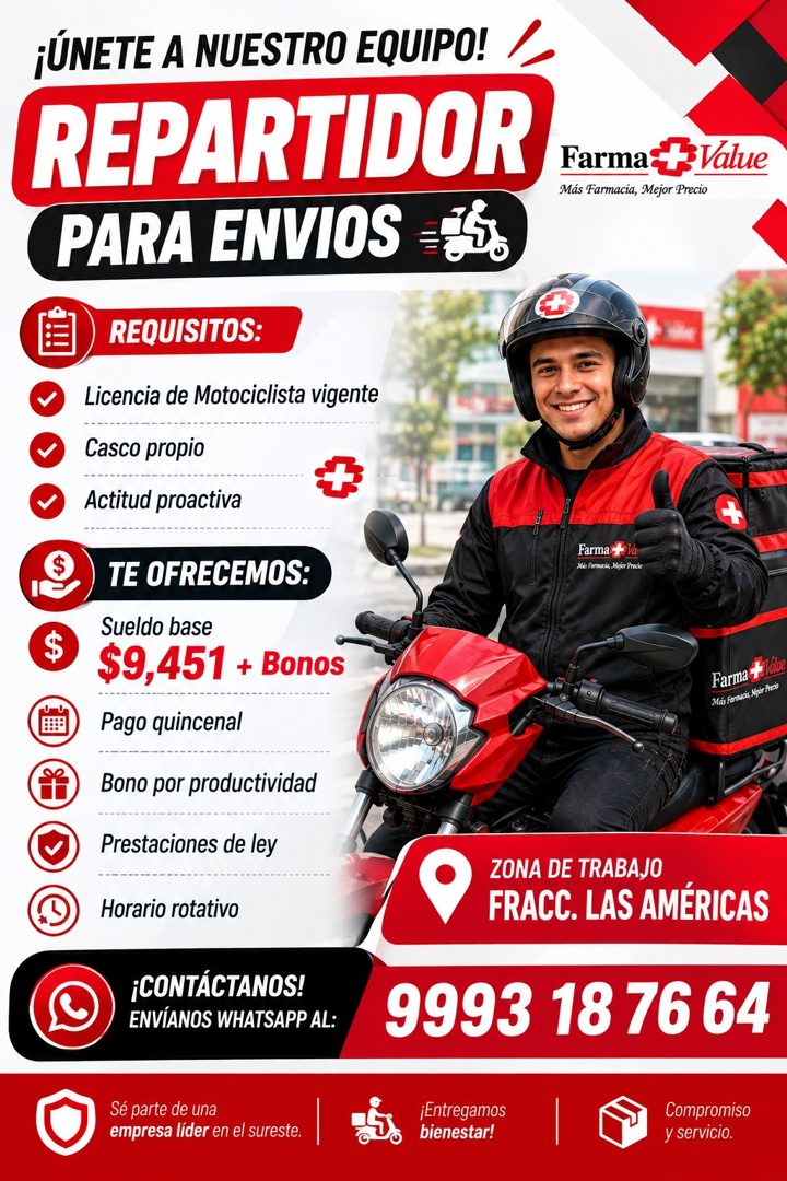 Banner del anuncio de la vacante: ¡ÚNETE A NUESTRO EQUIPO! · REPARTIDOR · PARA ENVIOS =36 · REQUISITOS: · Licencia de Motociclista vigente · Casco propio · Actitud proactiva 