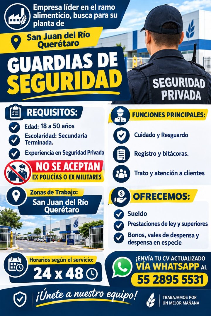 Banner del anuncio de la vacante: Empresa líder en el ramo · alimenticio, busca para su · planta de · San Juan del Río · Querétaro · GUARDIAS DE · SEGURIDAD · REQUISITOS: · E