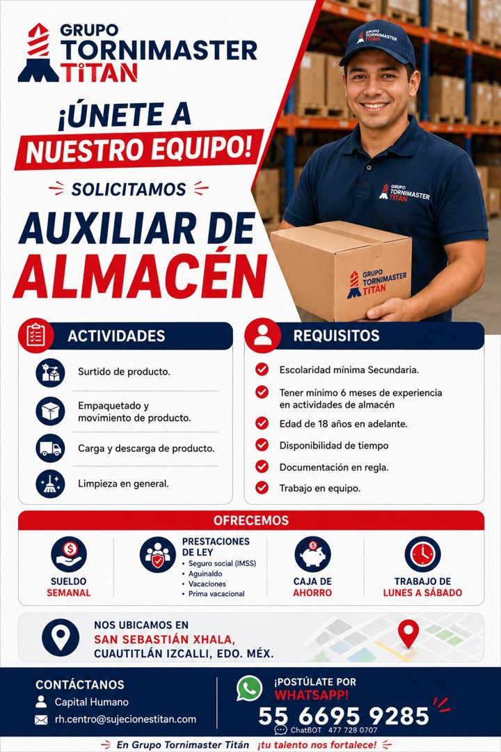 Banner del anuncio de la vacante: GRUPO · TORNIMASTER · TITAN · ¡ÚNETE A · NUESTRO EQUIPO!/ · SOLICITAMOS · AUXILIAR DE · ALMACEN · YOHNIMASTER · GRUPO · TORNIMASTER · TITAN 