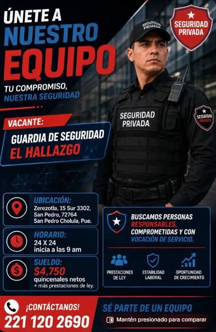 Banner del anuncio de la vacante: ÚNETE A · NUESTRO · EQUIPO · TU COMPROMISO, · NUESTRA SEGURIDAD · VACANTE: · GUARDIA DE SEGURIDAD · EL HALLAZGO · PRIVANN · * · SEGURIDAD · 