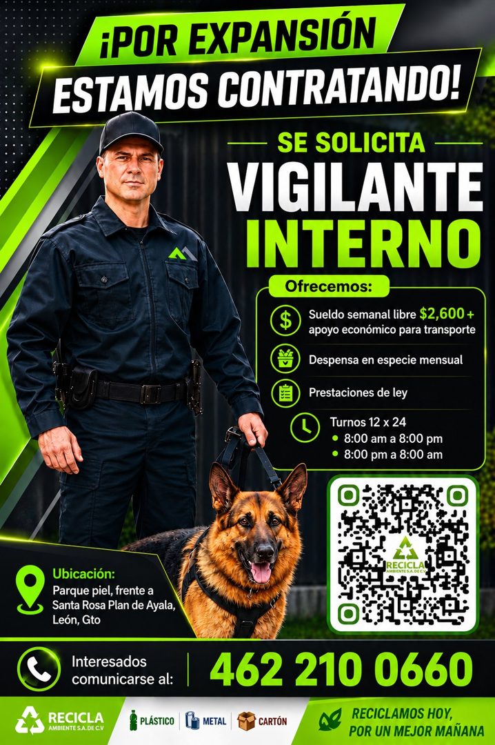 Banner del anuncio de la vacante: POR EXPANSION · ESTAMOS CONTRATANDO! · — SE SOLICITA · VIGILANTE · INTERNO · Ofrecemos: · $ · Sueldo semanal libre $2,600 + · apoyo económic