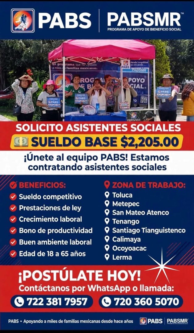 Banner del anuncio de la vacante: PABS · PABSMR®™ · PROGRAMA DE APOYO DE BIENEFICIO SOCIAL · el pro · a miles · rama que lo Cyaiado · familias mexicanas. · ROGT · SPABS · Hee