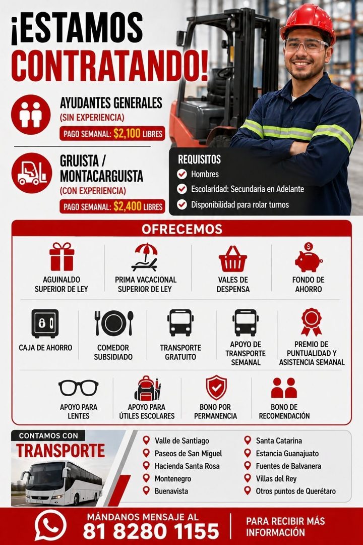Banner del anuncio de la vacante: ¡ESTAMOS · CONTRATANDO! · AYUDANTES GENERALES · (SIN EXPERIENCIA) · PAGO SEMANAL: $2,100 LIBRES · GRUISTA / · MONTACARGUISTA · (CON EXPERIEN