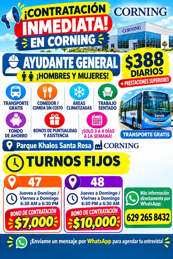 Banner del anuncio de la vacante: ¡CONTRATACIÓN · INMEDIATA! · ≥ EN CORNING = · AYUDANTE GENERAL · " ¡HOMBRES Y MUJERES! · CORNING · CORNING · $388 · DIARIOS · + PRESTACIONES