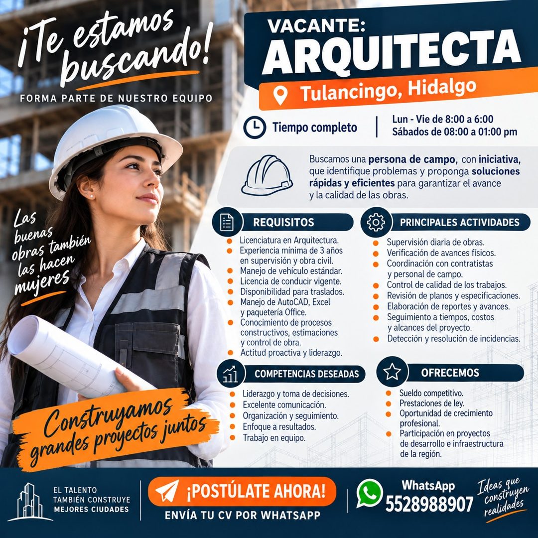 Banner del anuncio de la vacante: iTe estamos · buscando! · FORMA PARTE DE NUESTRO EQUIPO · Las · buenas · obras también · las hacen · mujeres · Construyamos · grandes proyec