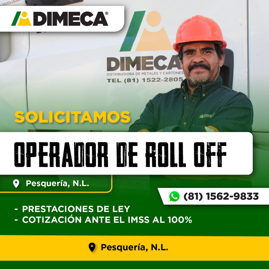 Banner del anuncio de la vacante: IP DIMECA® · DIMECA · DISTRIBUIDORA DE METALES Y CARTONES · TEL (81) 1522-2805 · SOLICITAMOS · 2DIME · OPERADOR DE HOLL OFF · Pesquería, N.L