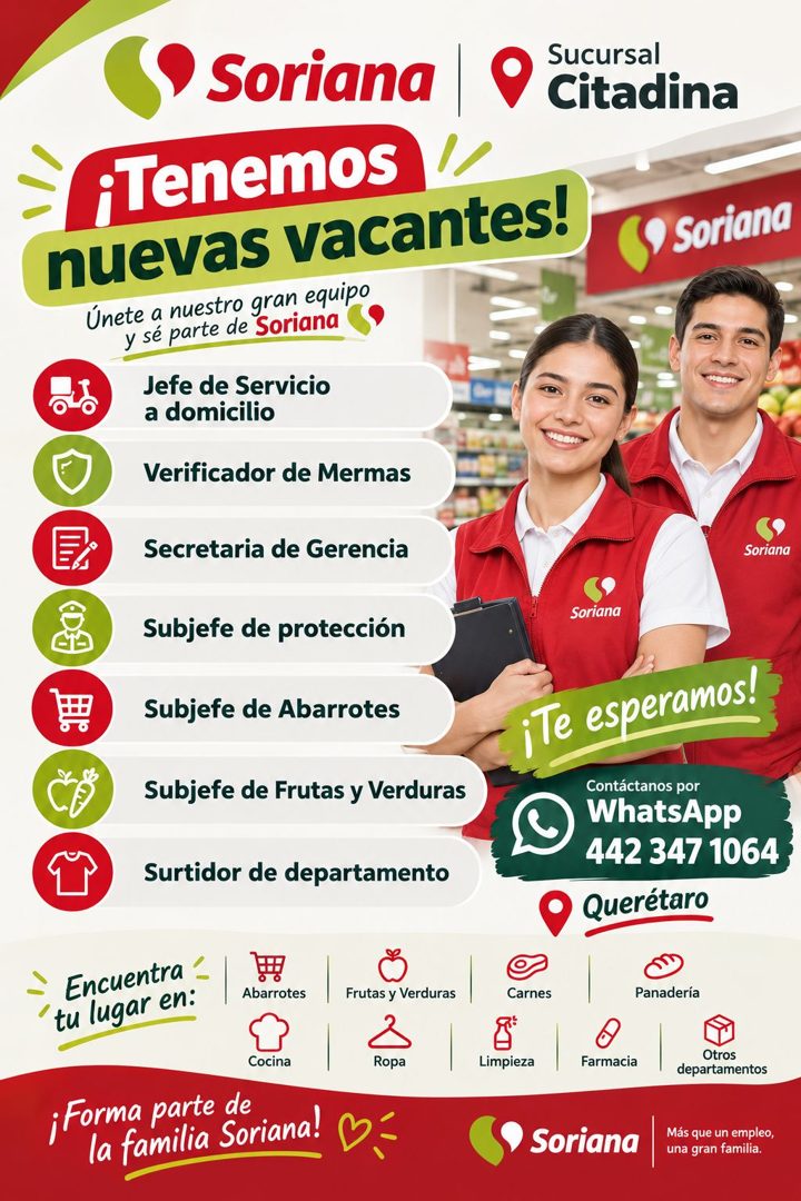 Banner del anuncio de la vacante: • Soriana · ¡Tenemos · nuevas vacantes! · Únete a nuestro gran equipo · y sé parte de Soriana · Jefe de Servicio · a domicilio · Verificador