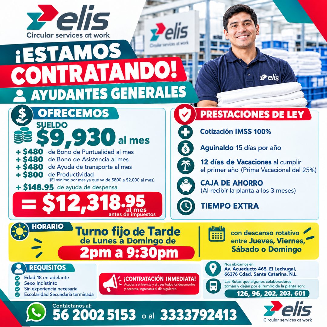 Banner del anuncio de la vacante: elis · Circular services at work · Pelis · ¡ESTAMOS · CONTRATANDO! · AYUDANTES GENERALES · OFRECEMOS · SUELDO · se $9,930 al mes · + S480 · 