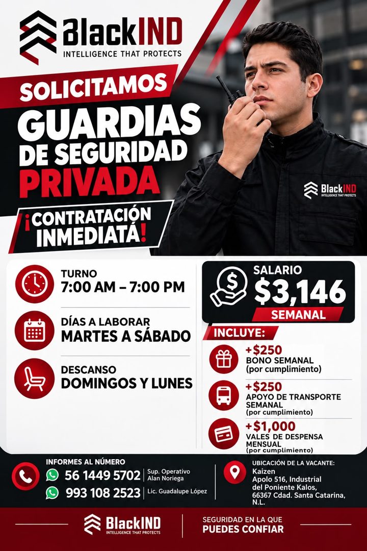 Banner del anuncio de la vacante: BlackIND · INTELLIGENCE THAT PROTECTS · SOLICITAMOS · GUARDIAS · DE SEGURIDAD · PRIVADA · CONTRATACIÓN · INMEDIATÁ! · ^ BlackIND · INTELLGEN