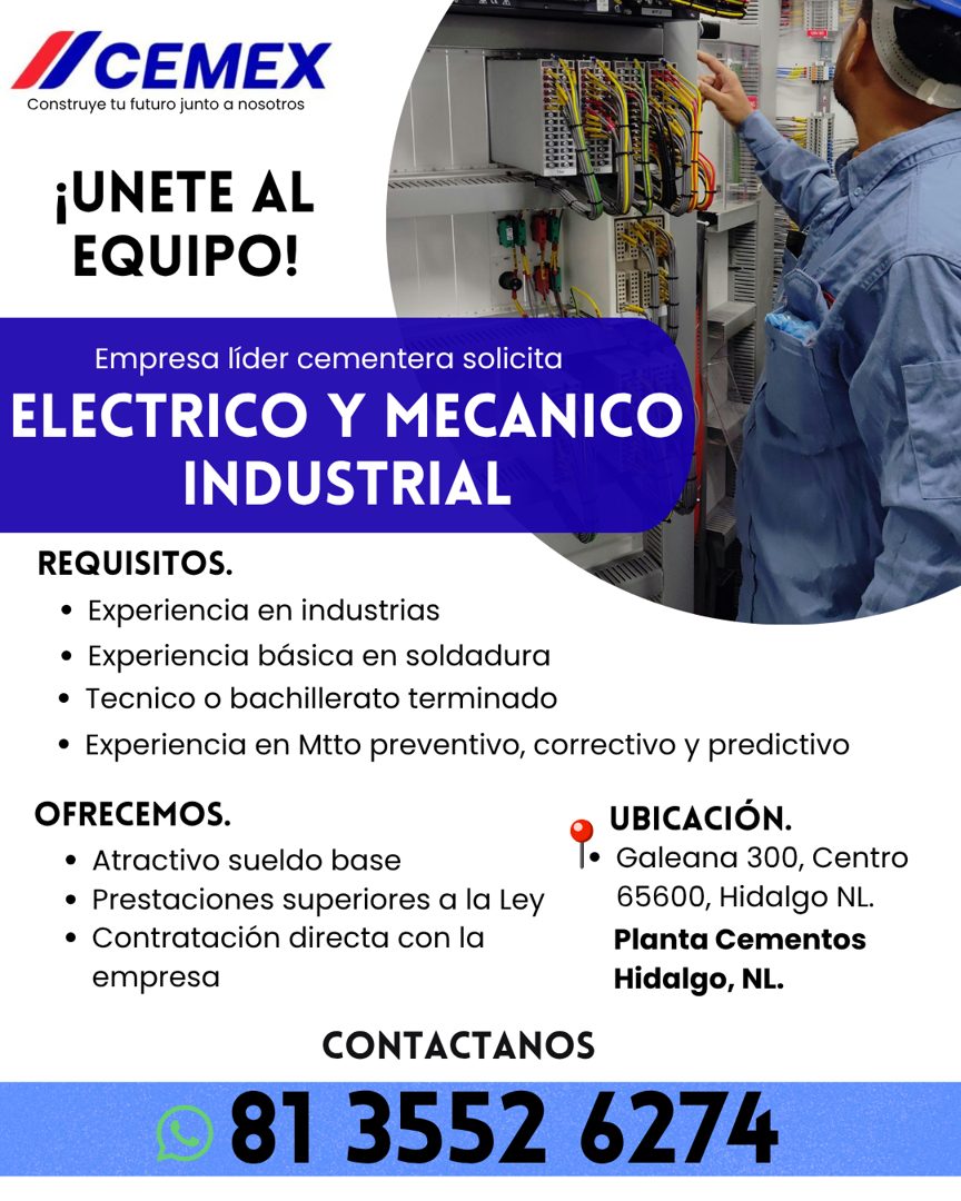 Banner del anuncio de la vacante: // CEMEX · Construye tu futuro junto a nosotros · •UNETE AL · EQUIPO! · Empresa líder cementera solicita · ELECTRICO Y MECANICO · INDUSTRIAL