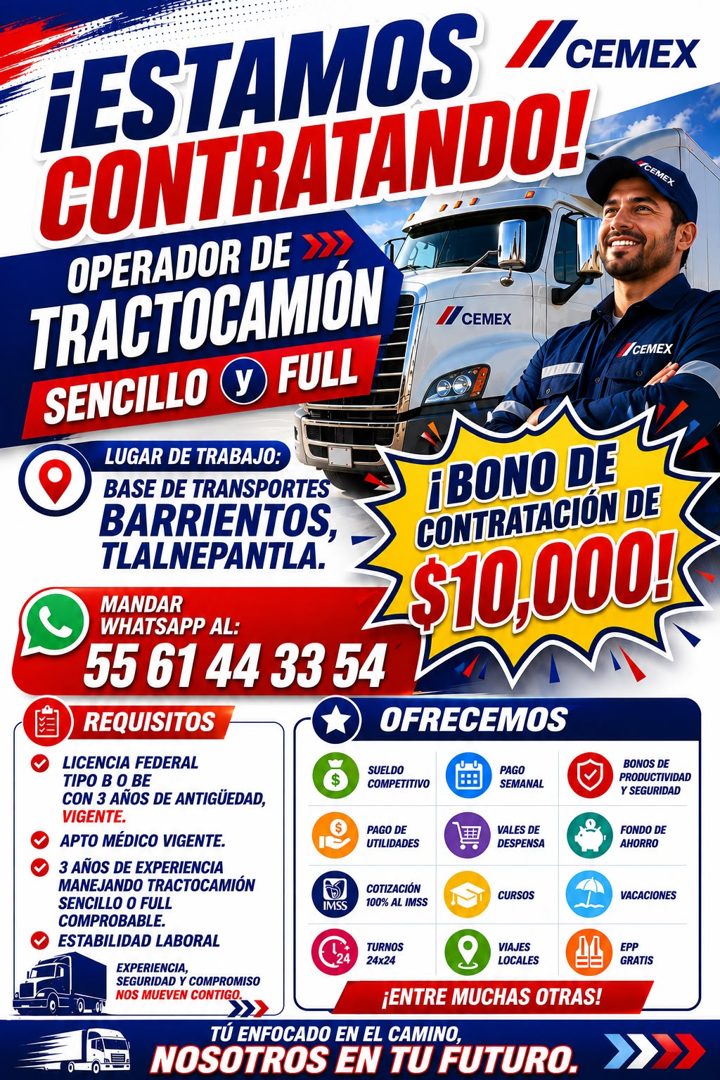 Banner del anuncio de la vacante: ¡ESTAMOS · CEMEX · CONTRATANDO! · ICEMEX · OPERADOR DE · TRACTOCAMIÓN · // CEMEX · SENCILLO D FULL · CEMEX · LUGAR DE TRABAJO. · BASE DE TRA