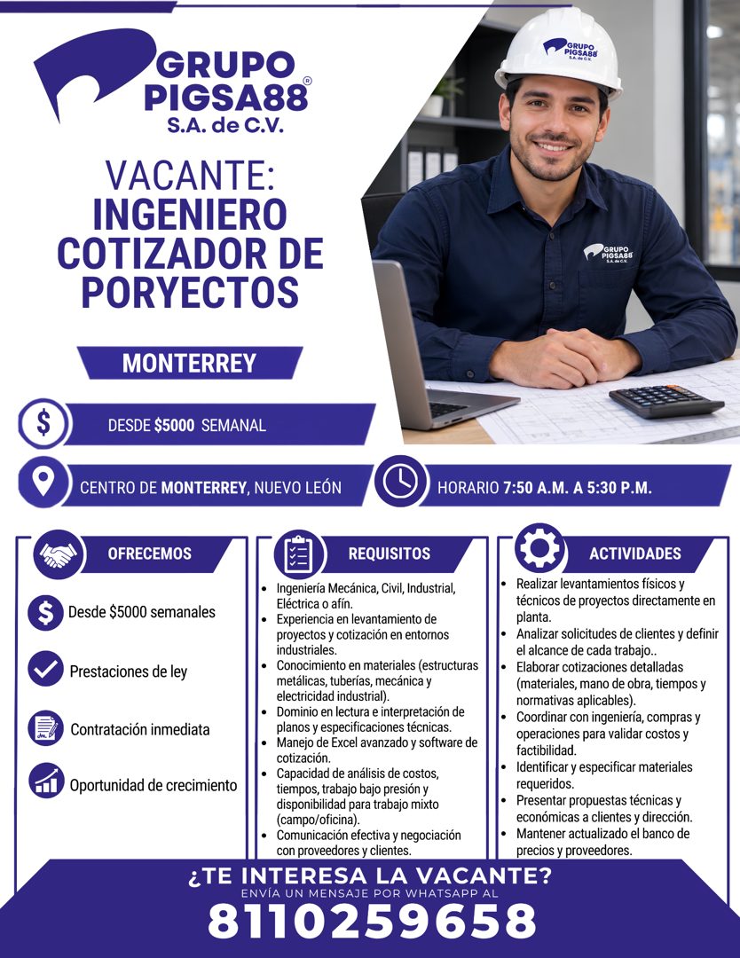 Banner del anuncio de la vacante: GRUPO · PIGSA88® · S.A. de C.V. · VACANTE: · INGENIERO · COTIZADOR DE · PORYECTOS · GRUPO · PIGSA8E · S.A. de C.V · AGRUPO · PIGSA88 · MONTE