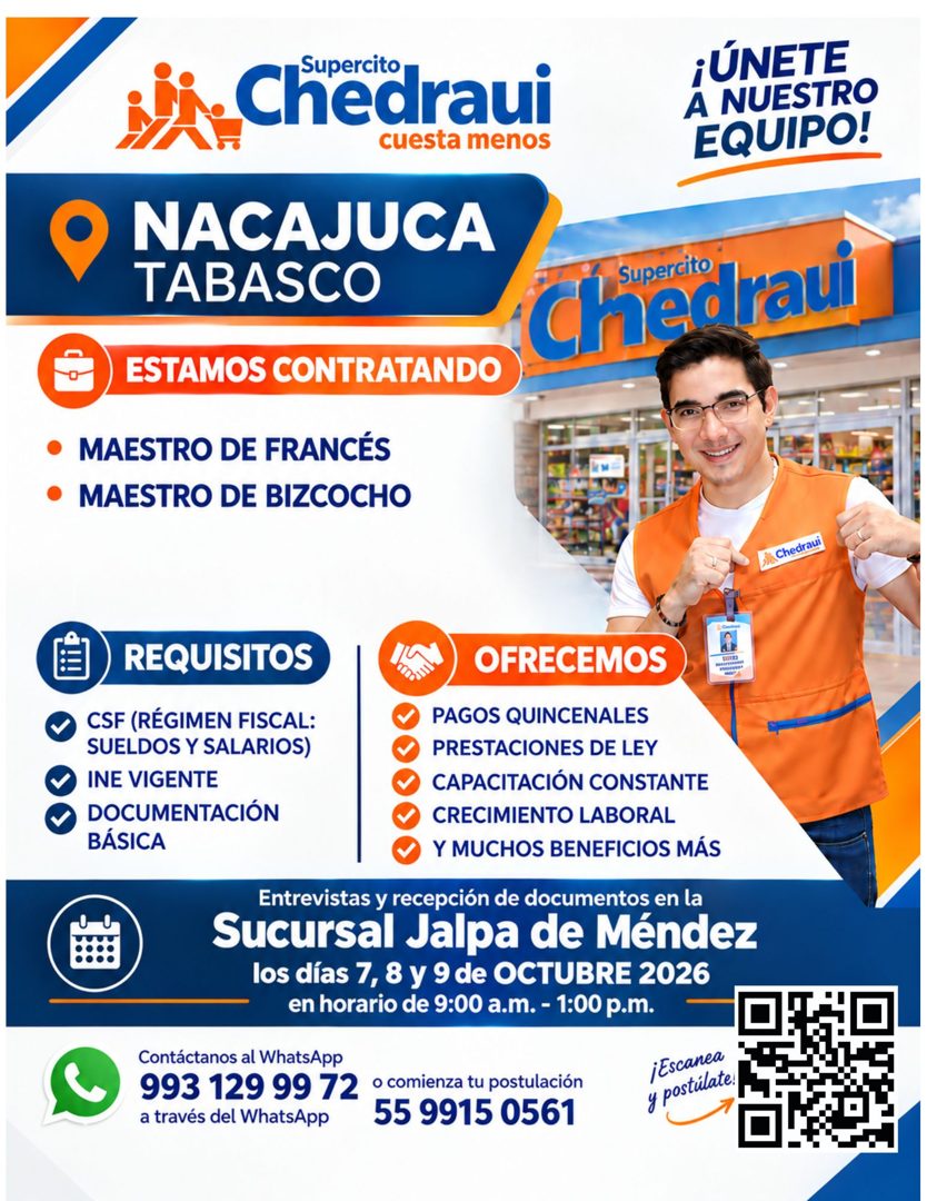 Banner del anuncio de la vacante: supercito · Chedraui · cuesta menos · NACAJUCA · TABASCO · ESTAMOS CONTRATANDO · • MAESTRO DE FRANCÉS · • MAESTRO DE BIZCOCHO · ¡ÚNETE · A N