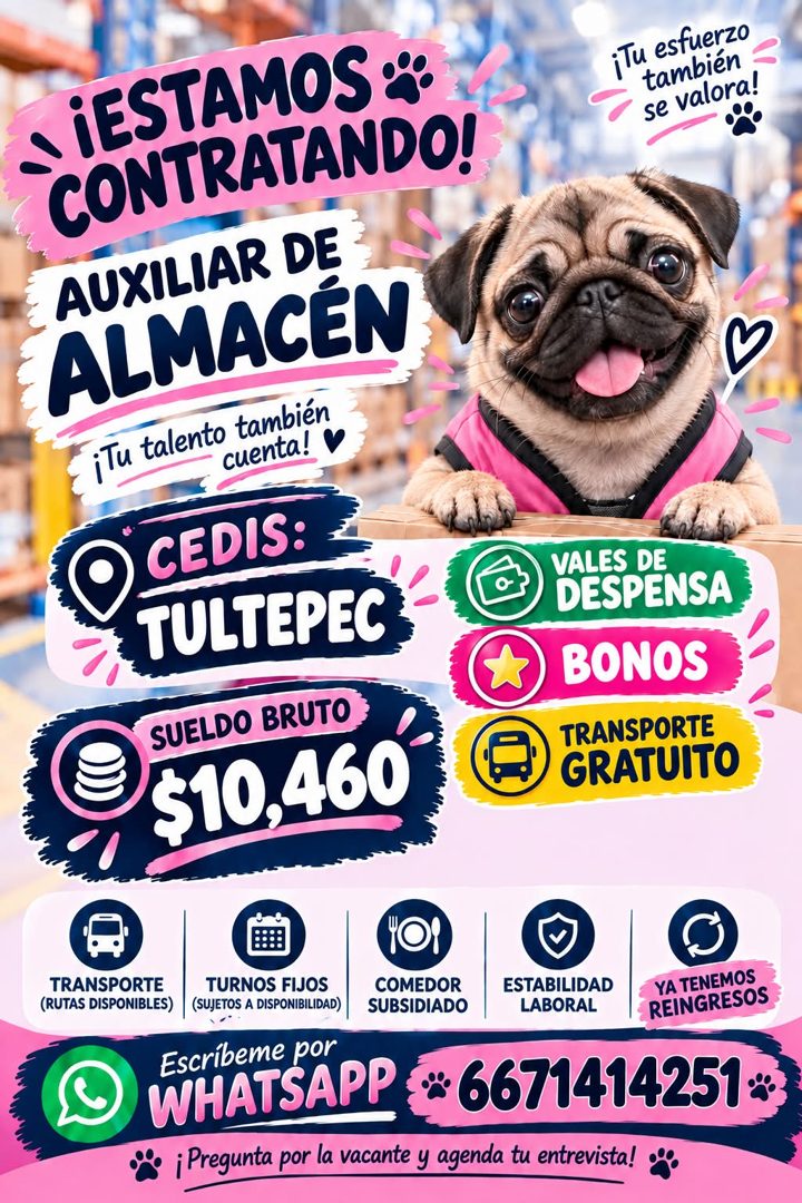 Banner del anuncio de la vacante: ¡ESTAMOS * · CONTRATANDO! · AUXILIAR DE · ALMACÉN · ¡Tu talento también · cuenta! · CEDIS: · TULTEPEC · SUELDO BRUTO · $10,460 · ¡Tu esfuerz