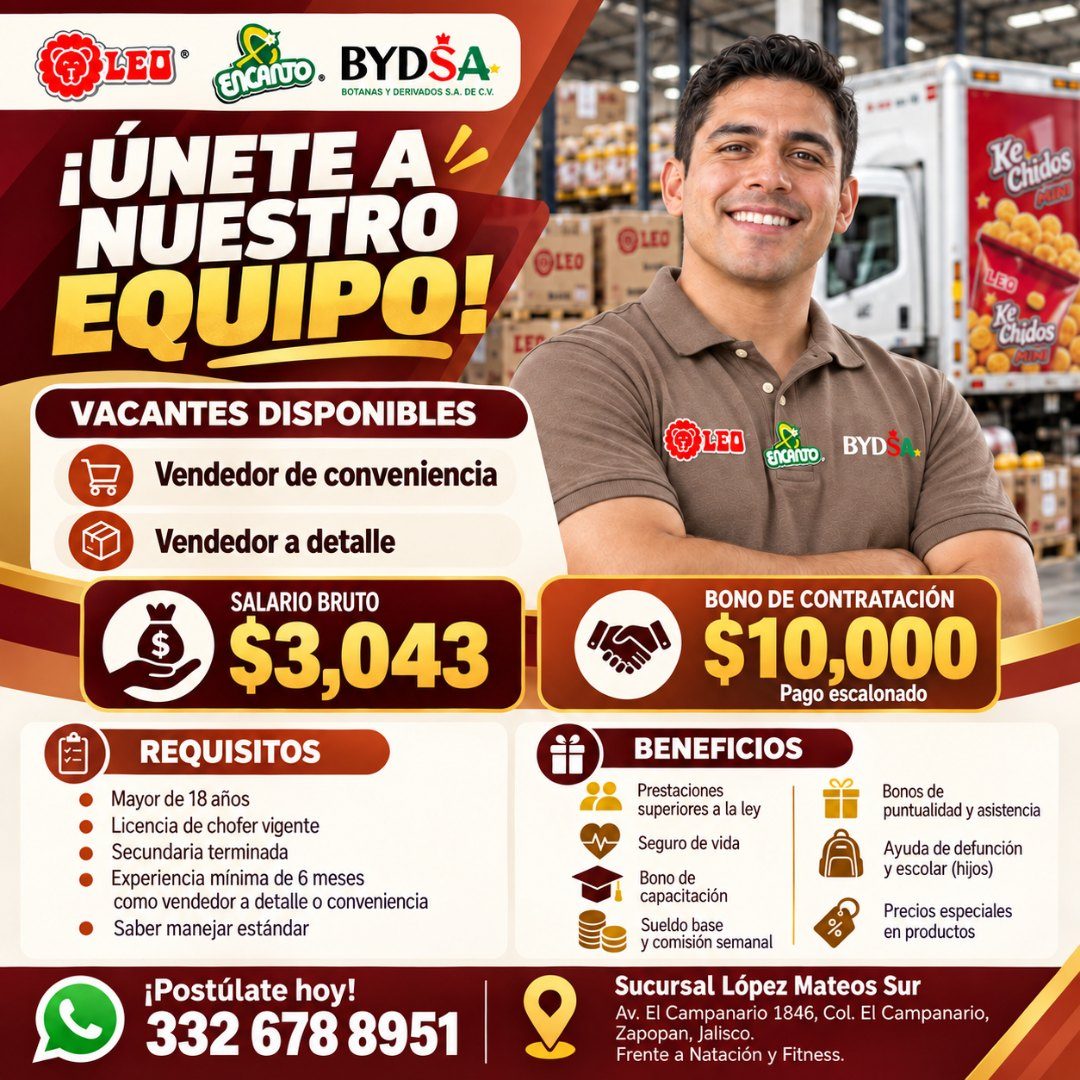 Banner del anuncio de la vacante: LEO® · ENCANO. BYDSA · BOTANAS Y DERIVADOS S.A. DE C.V. · ¡ÚNETE A · NUESTRO · EQUIPO- · VACANTES DISPONIBLES · Vendedor de conveniencia · V