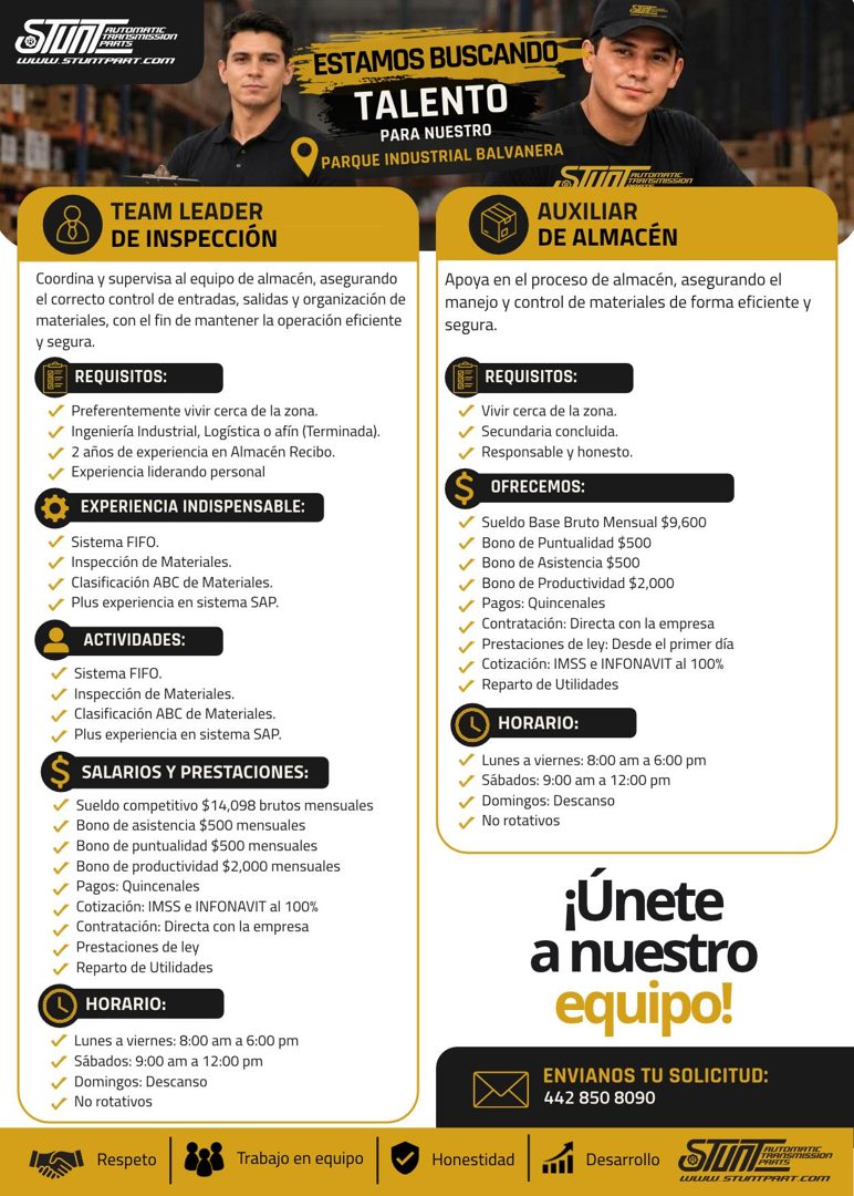 Banner del anuncio de la vacante: UTOMAUL · www. STUTTPART.COm · -ESTAMOS BUSCANDO · TALENTO · PARA NUESTRO · PARQUE INDUSTRIAL BALVANERA · TEAM LEADER · DE INSPECCIÓN · AUXI