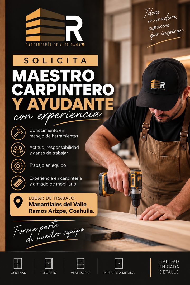 Banner del anuncio de la vacante: CARP · R · NTERIA DE ALTA GAMA» · Ideas · en madera, · espacios · que inspiran · SOLICITA · MAESTRO · CARPINTERO · Y AYUDANTE · con experien