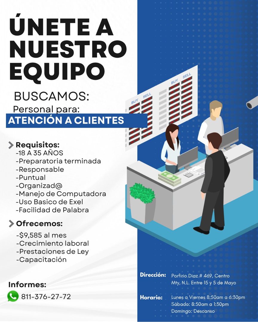 Banner del anuncio de la vacante: ÚNETE A · NUESTRO · EQUIPO · BUSCAMOS: · Personal para: · ATENCIÓN A CLIENTES · SELL · BUY · SELL · BUY · > Requisitos: · -18 A 35 AÑOS · -P
