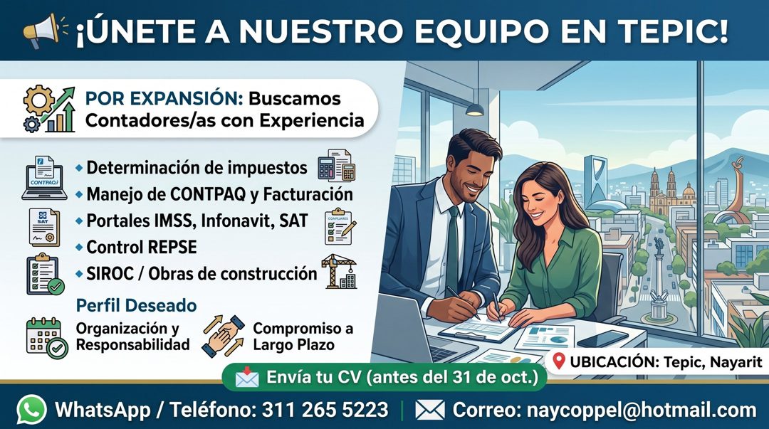 Banner del anuncio de la vacante: ¡ÚNETE A NUESTRO EQUIPO EN TEPIC! · CONTPAQF| · POR EXPANSIÓN: Buscamos · Contadores/as con Experiencia · • Determinación de impuestos · • M
