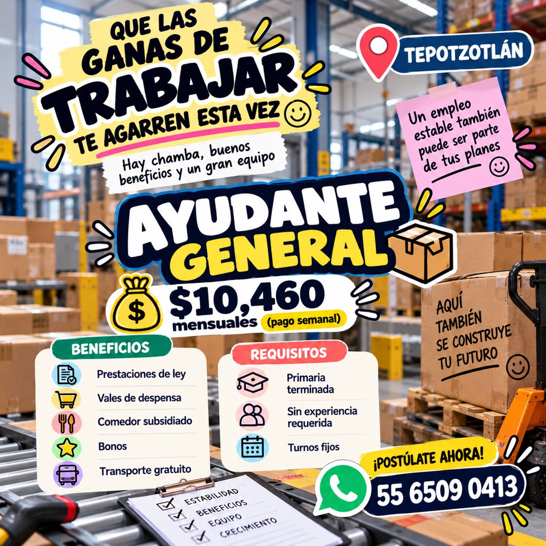 Banner del anuncio de la vacante: QUE LAS · GANAS DE · TRABAJAR · O TEPOTZOTLAN · O TE AGARREN ESTA VEZ · Un empleo · estable también · Hay chamba, buenos · beneficios y un g
