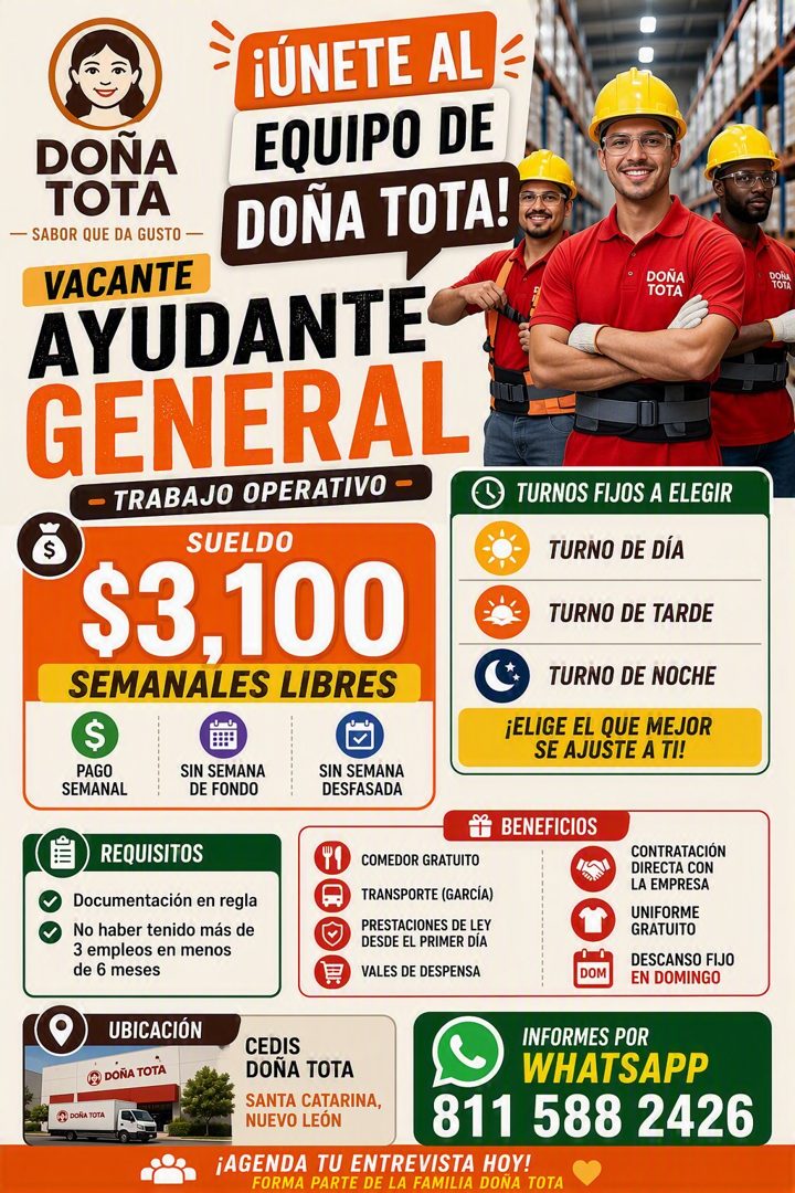 Banner del anuncio de la vacante: DOÑA · TOTA · — SABOR QUE DA GUSTO - · ¡ÚNETE AL · EQUIPO DE · DOÑA TOTA! S · VACANTE · AYUDANTE · GENERAL · - TRABAJO OPERATIVO - · DOÑA · 