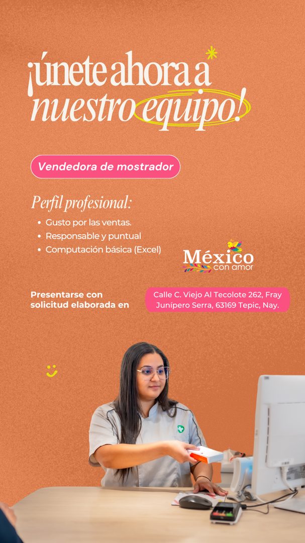 Banner del anuncio de la vacante: júnete ahora a · nuestro equipos · Vendedora de mostrador · Perfil profesional: · • Gusto por las ventas. · • Responsable y puntual · • Comp