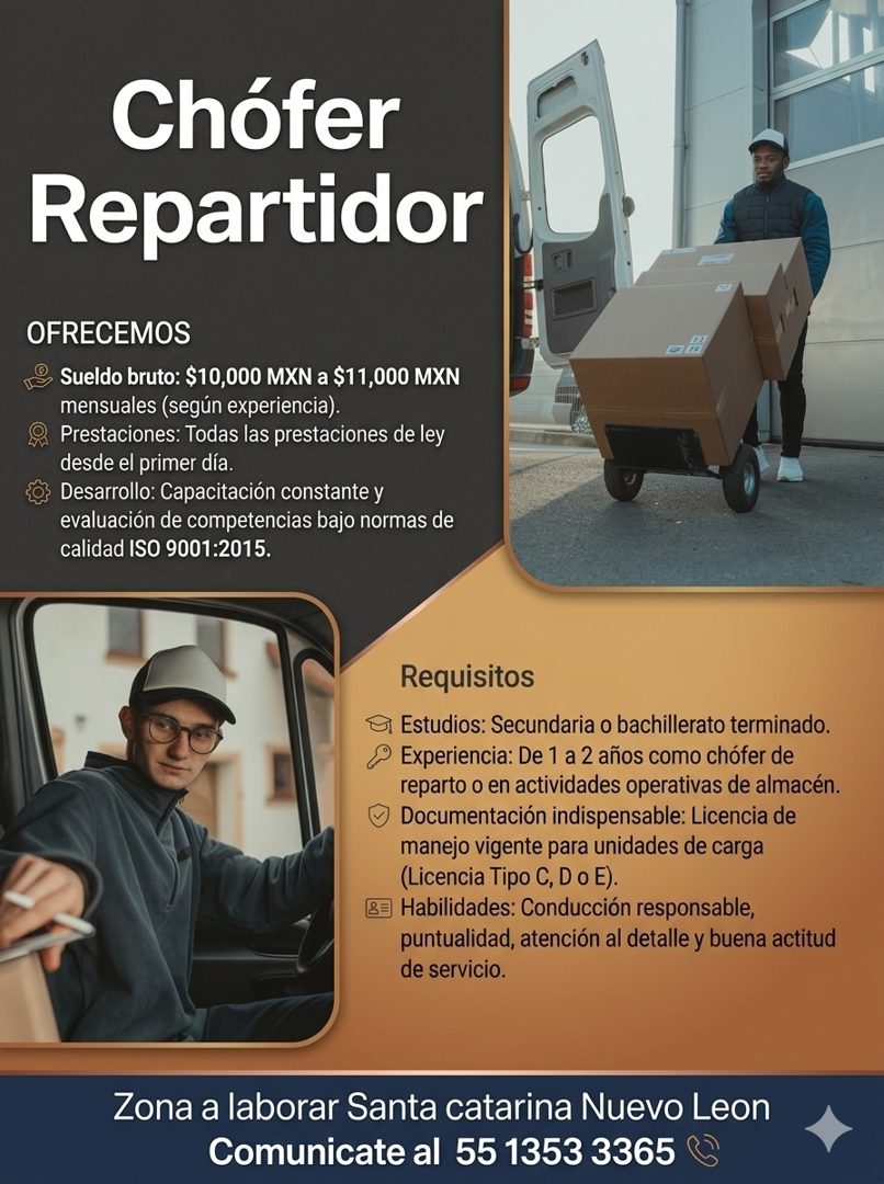 Banner del anuncio de la vacante: Chofer · Repartidor · OFRECEMOS · Sueldo bruto: $10,000 MXN a $11,000 MXN · mensuales (según experiencia). · Prestaciones: Todas las prestac