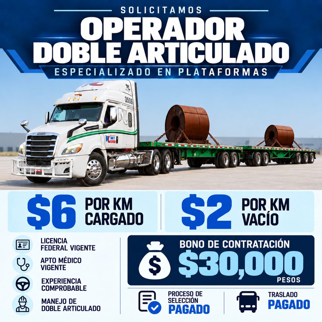 Banner del anuncio de la vacante: SOLICITAMOS · OPERADOR · DOBLE ARTICULADO · ESPECIALIZADO EN PLATAFORMAS · 3506) · SINA · WATT · $6 · LICENCIA · FEDERAL VIGENTE · APTO MÉDI