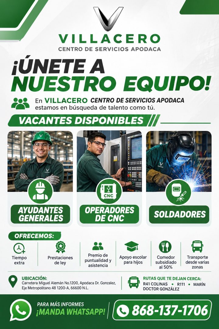 Banner del anuncio de la vacante: VILLACERO · CENTRO DE SERVICIOS APODACA · ¡ÚNETE A · NUESTRO EQUIPO! · En VILLACERO CENTRO DE SERVICIOS APODACA · estamos en búsqueda de tal
