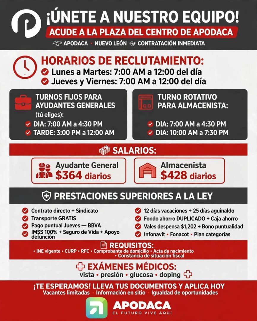 Banner del anuncio de la vacante: ¡ÚNETE A NUESTRO EQUIPO! · ACUDE A LA PLAZA DEL CENTRO DE APODACA · APODACA - NUEVO LEÓN · & CONTRATACIÓN INMEDIATA · HORARIOS DE RECLUTAMIE